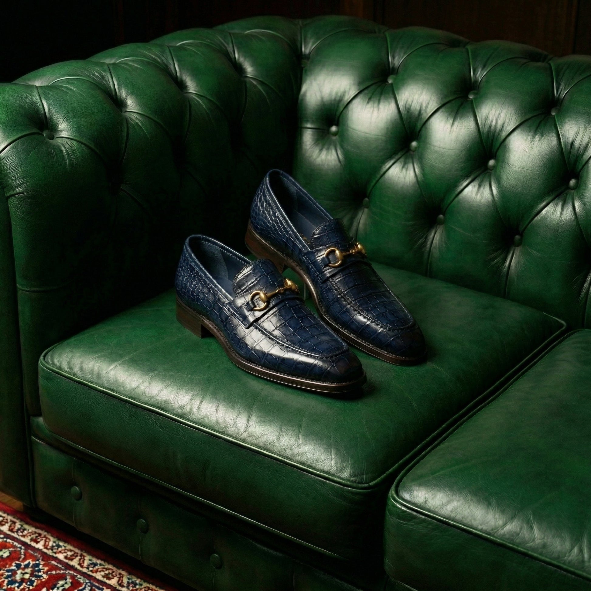 Navy Blue Croc Print Leather Lucente Horse Bit Loafer