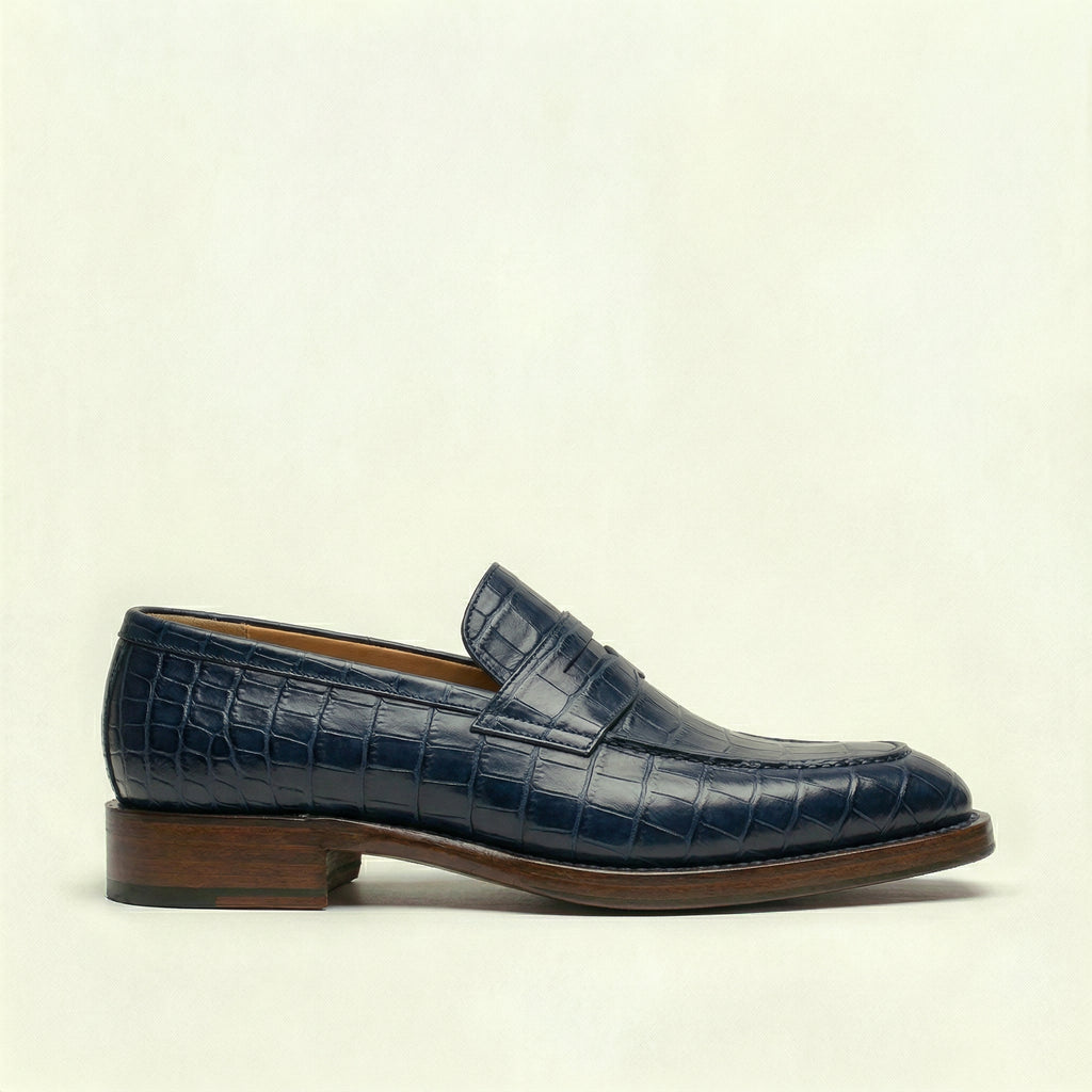 Navy Blue Croc Print Leather Lucente Penny Loafer Shoes