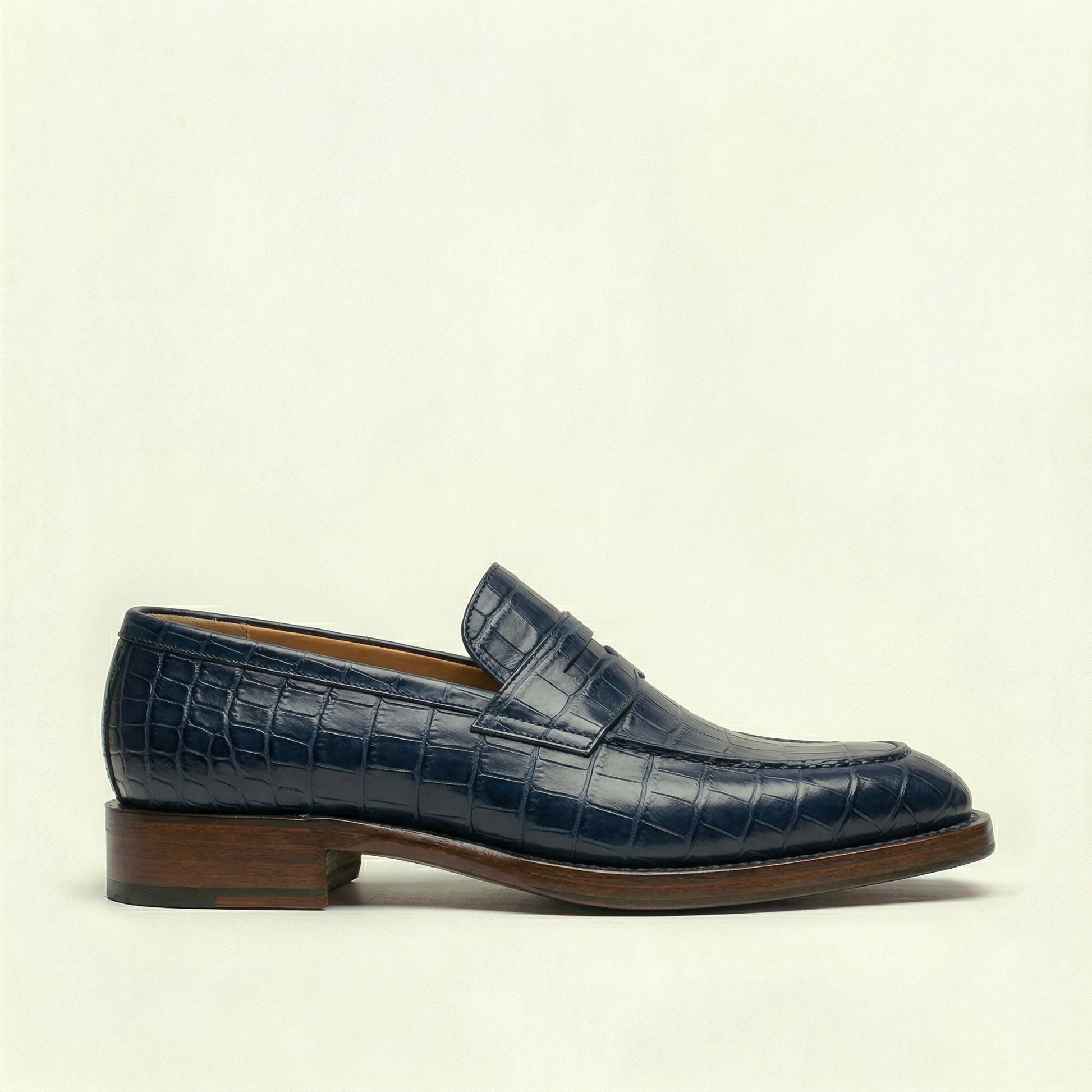 Navy Blue Croc Print Leather Lucente Penny Loafer Shoes