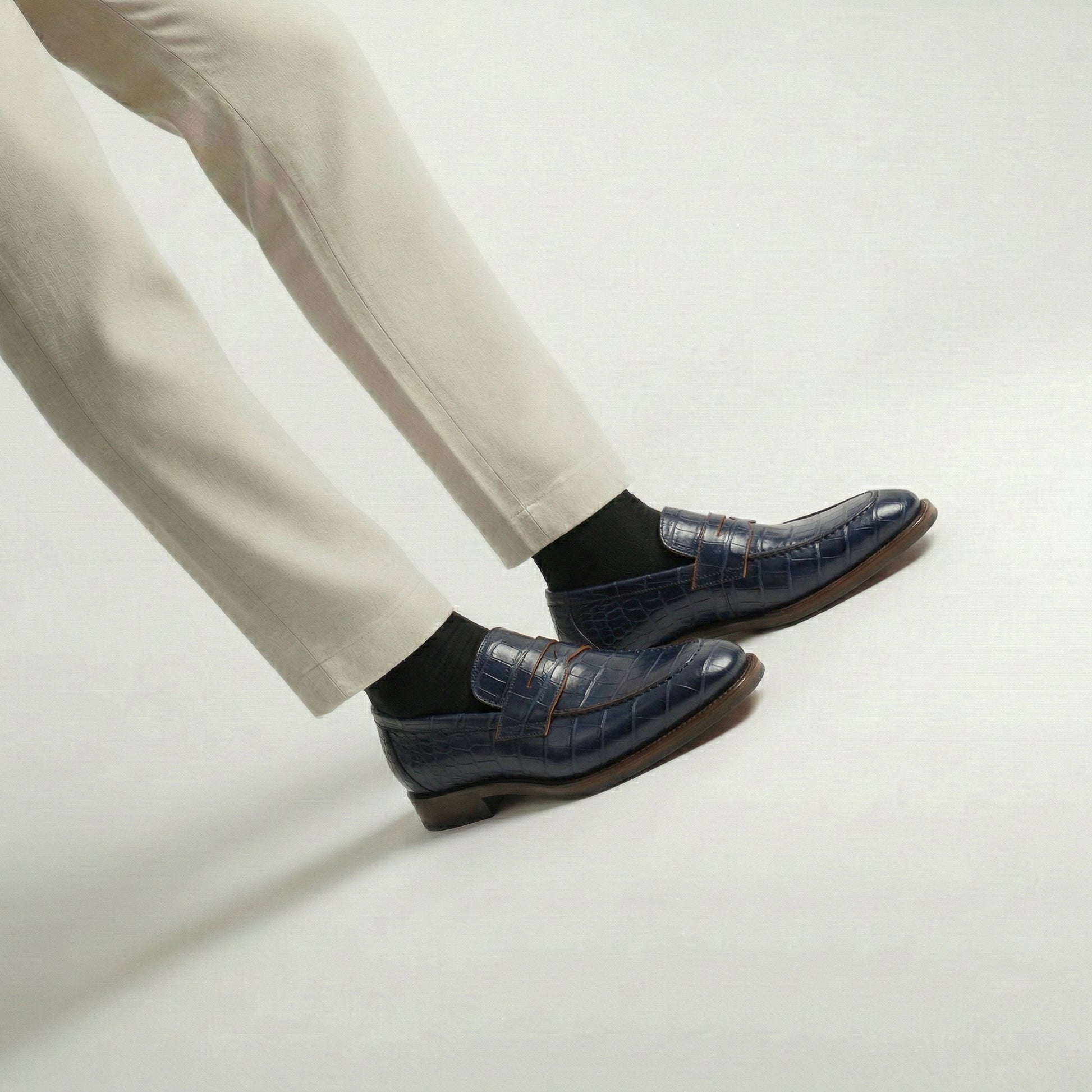 Navy Blue Croc Print Leather Lucente Penny Loafer Shoes