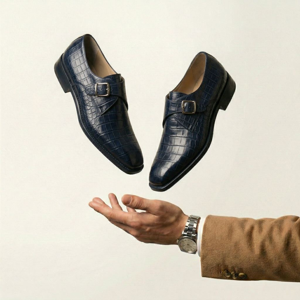 Navy Blue Croc Print Leather Lucente Single Monk Strap Shoes