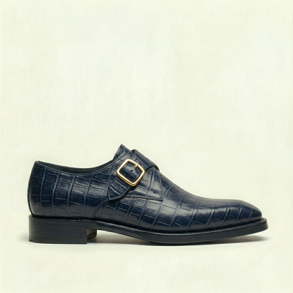 Navy Blue Croc Print Leather Lucente Single Monk Strap Shoes