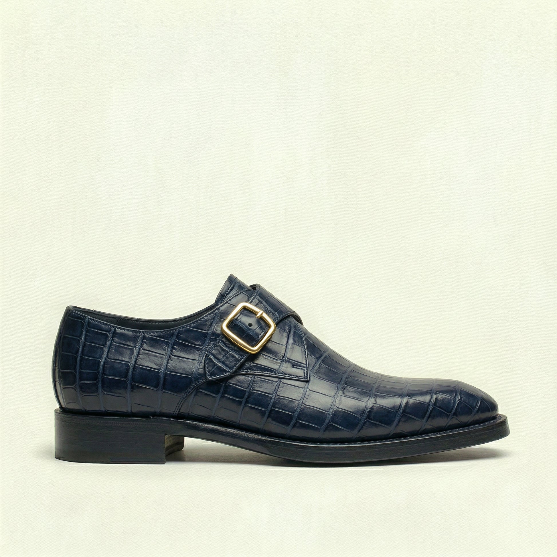 Navy Blue Croc Print Leather Lucente Single Monk Strap Shoes
