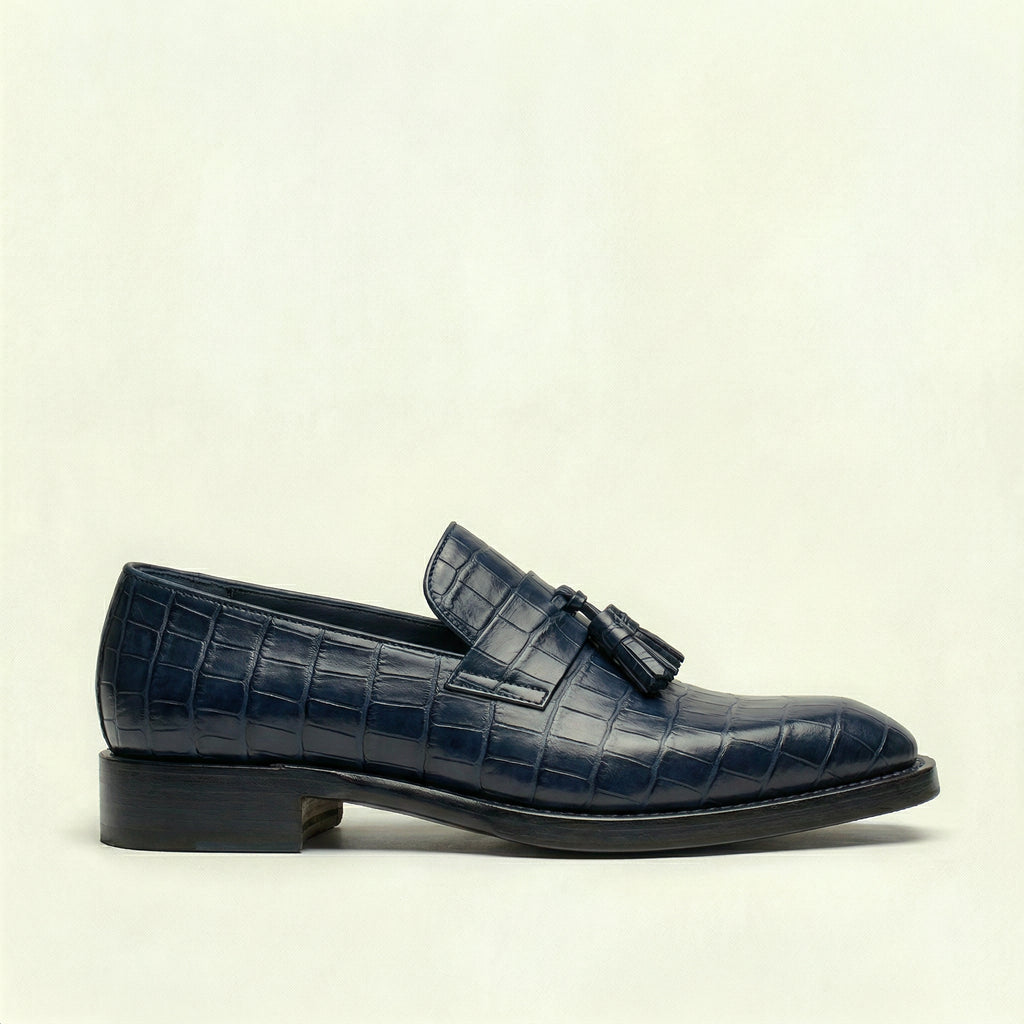 Navy Blue Croc Print Leather Lucente Tassel Loafers