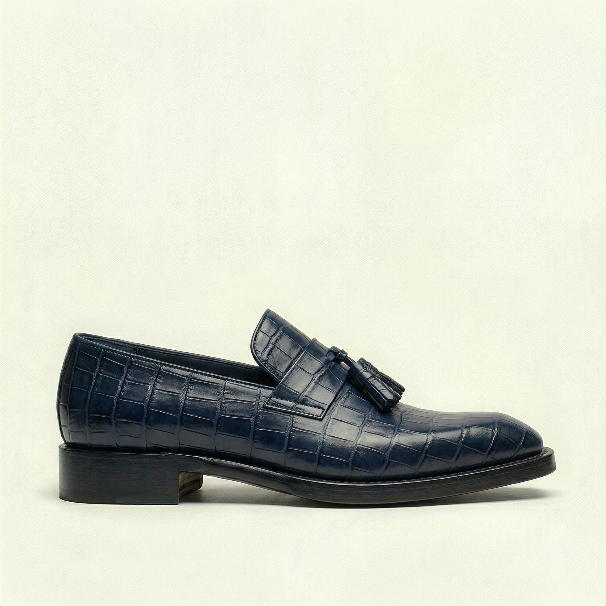 Navy Blue Croc Print Leather Lucente Tassel Loafers