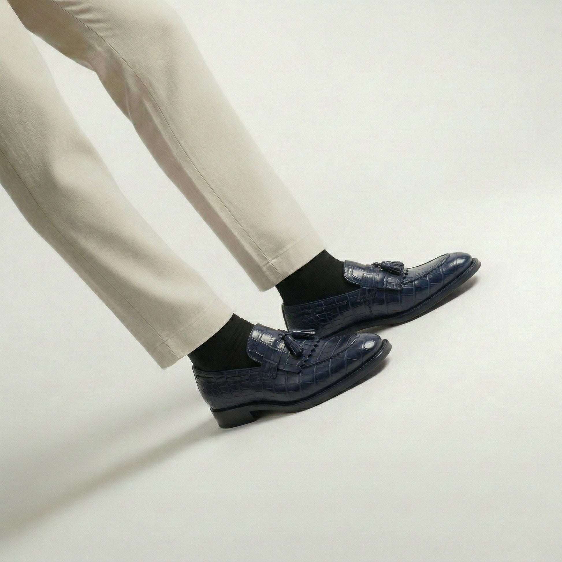 Navy Blue Croc Print Leather Lucente Tassel Loafers