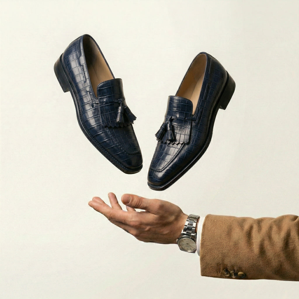 Navy Blue Croc Print Leather Lucente Tassel Loafers