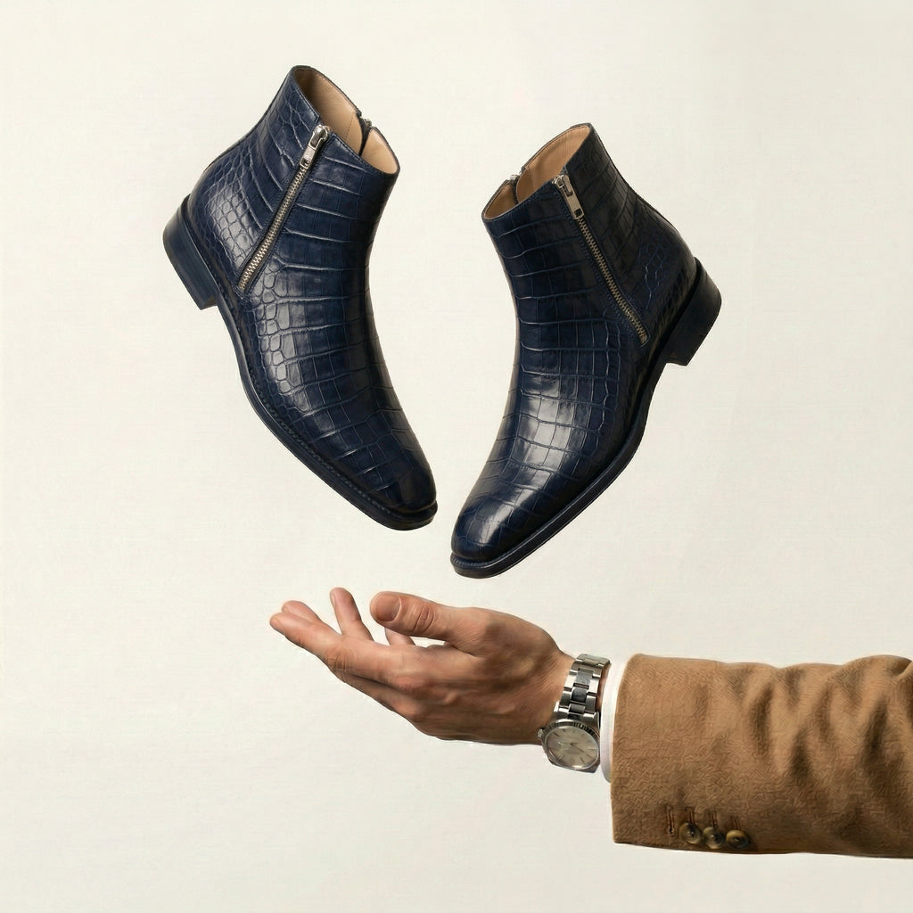 Navy Blue Croc Print Leather Lucente Zipper Boots