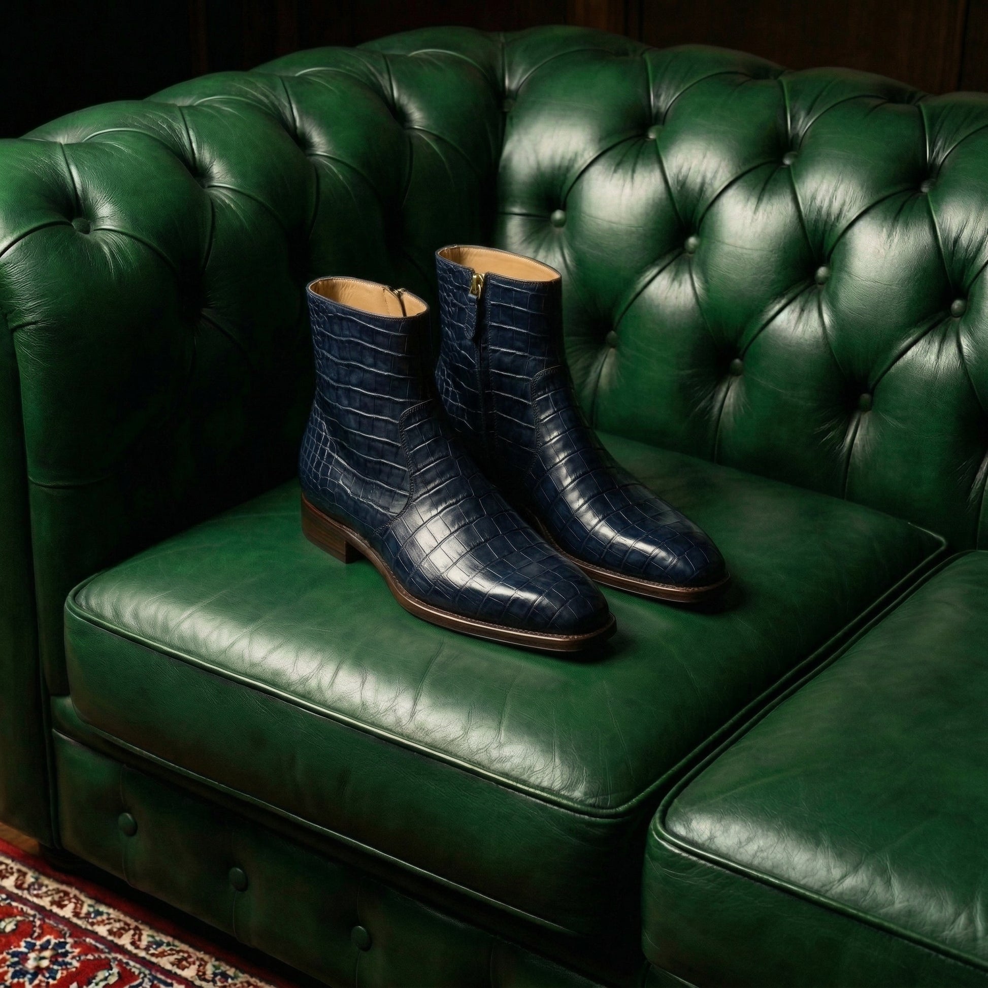Navy Blue Croc Print Leather Lucente Zipper Boots