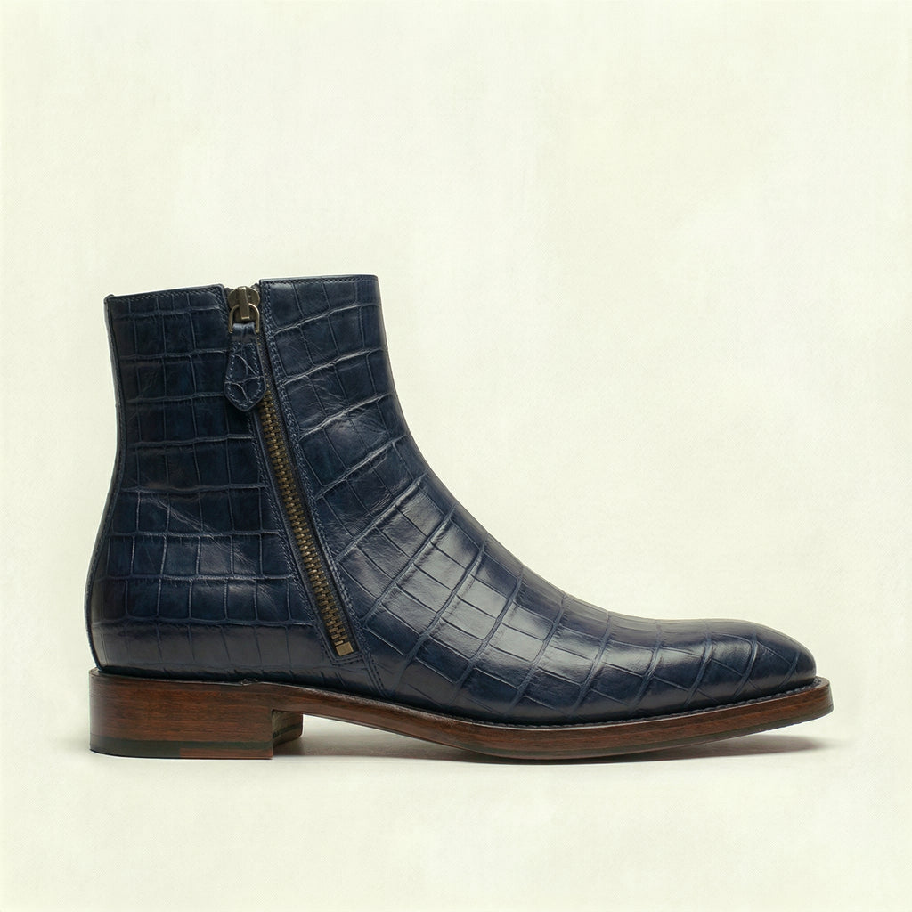Navy Blue Croc Print Leather Lucente Zipper Boots