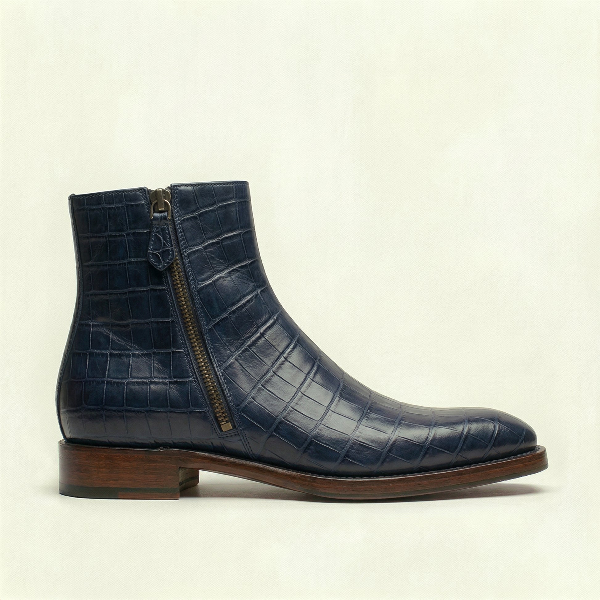 Navy Blue Croc Print Leather Lucente Zipper Boots