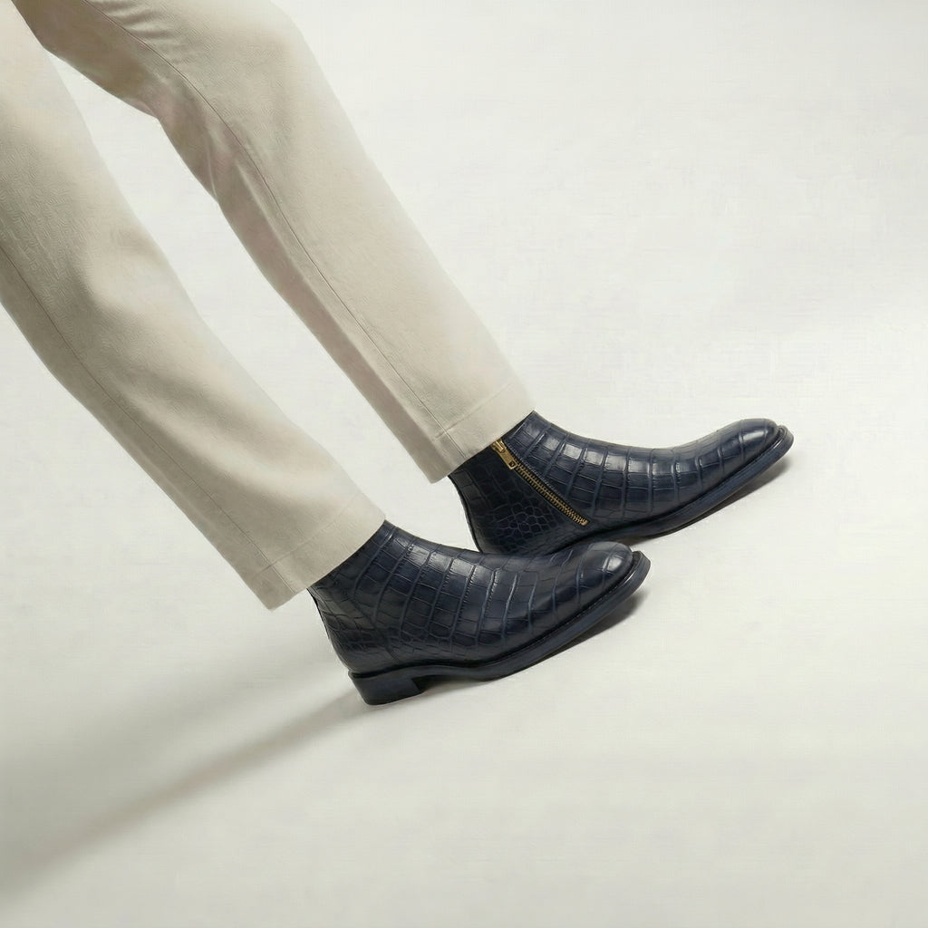 Navy Blue Croc Print Leather Lucente Zipper Boots