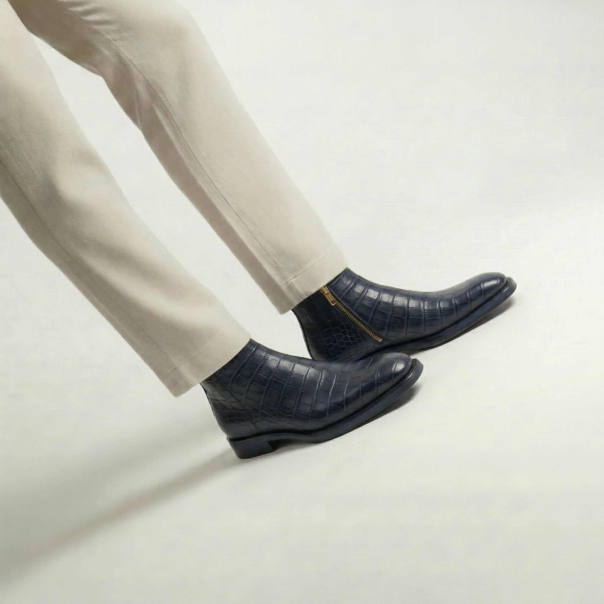 Navy Blue Croc Print Leather Lucente Zipper Boots