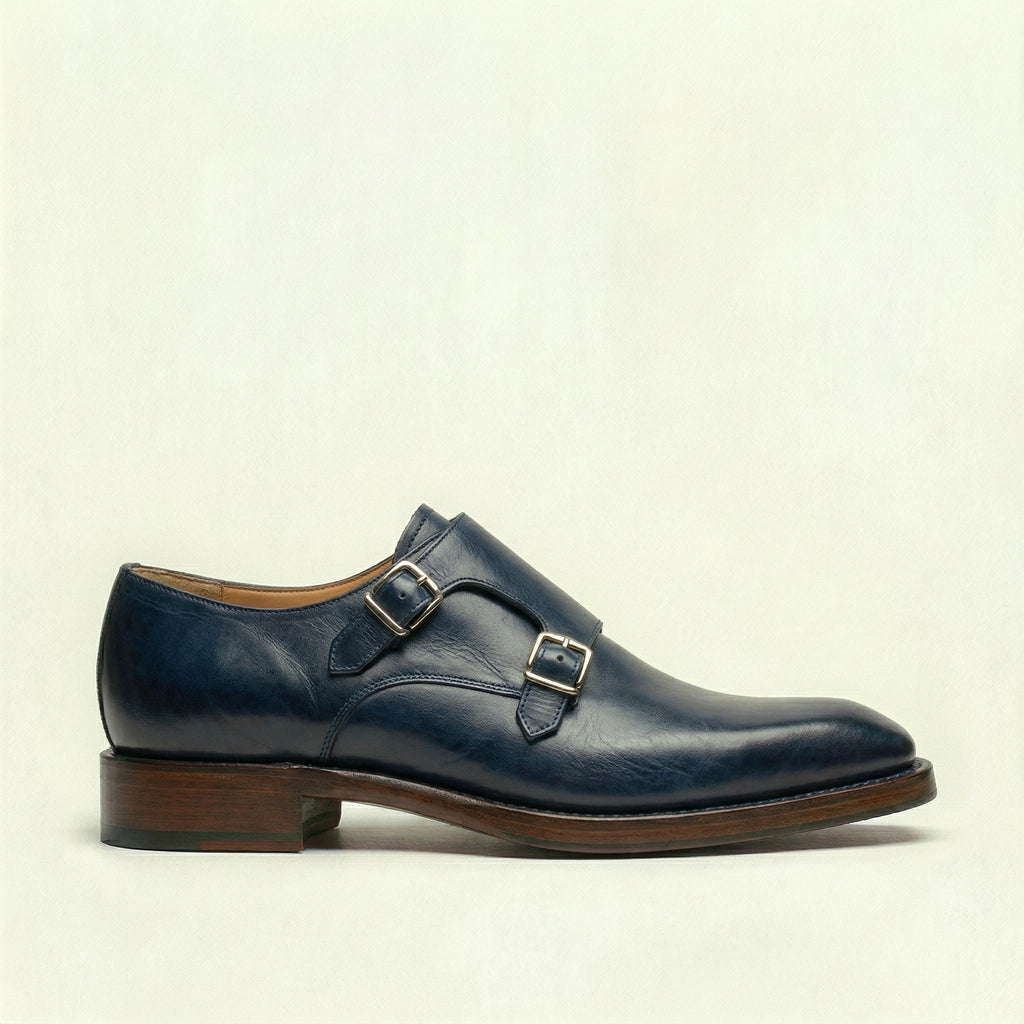 Navy Blue Leather Lucente Double Monk Strap Shoe