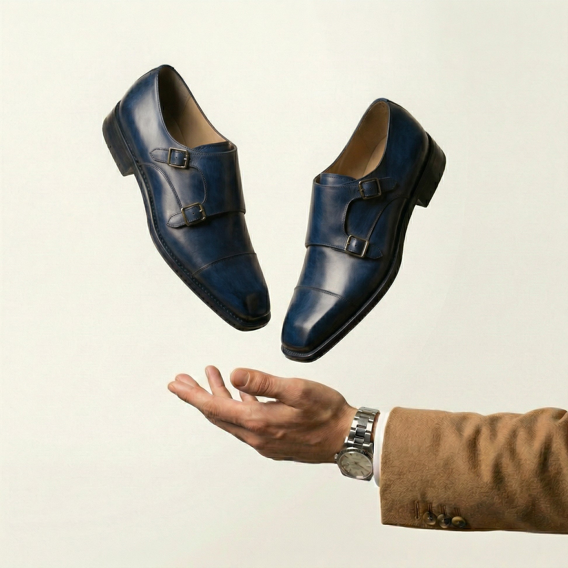 Navy Blue Leather Lucente Double Monk Strap Shoe