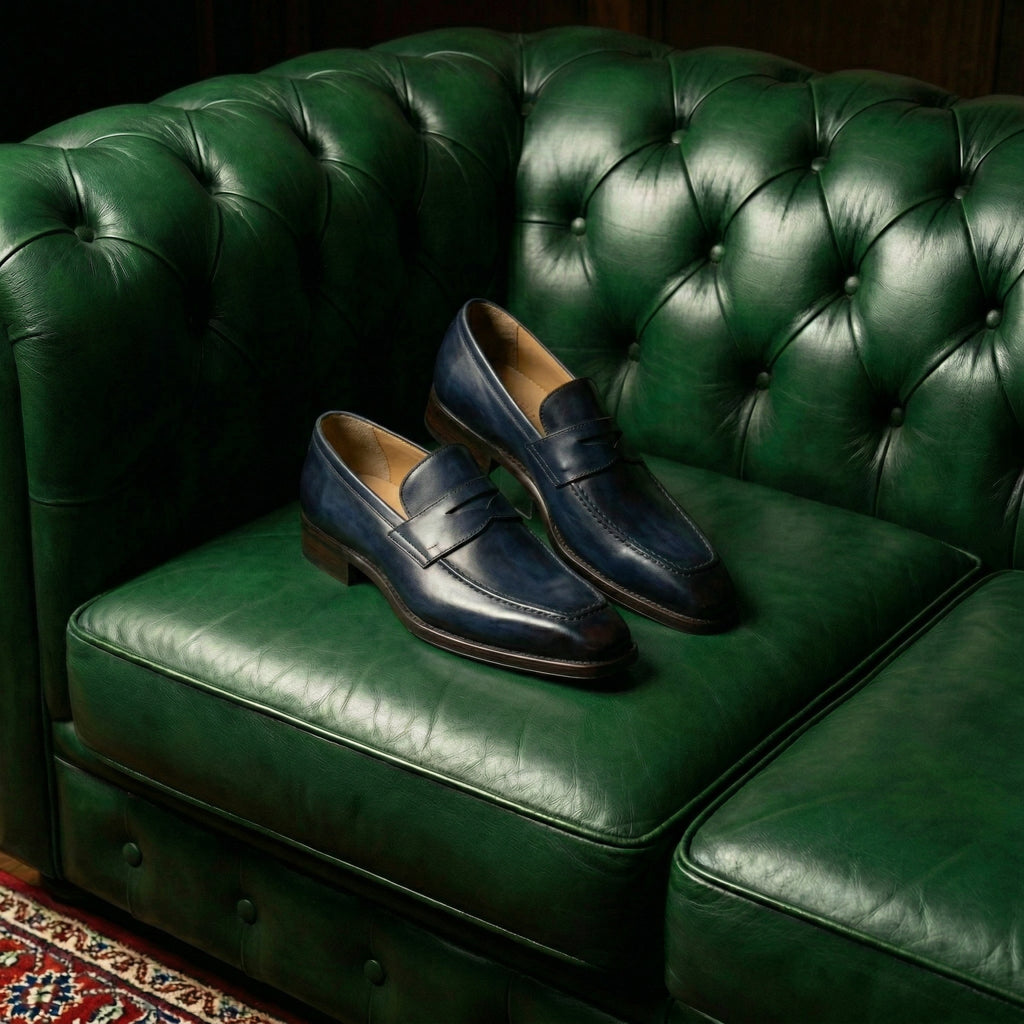 Navy Blue Leather Lucente Penny Loafer Shoes