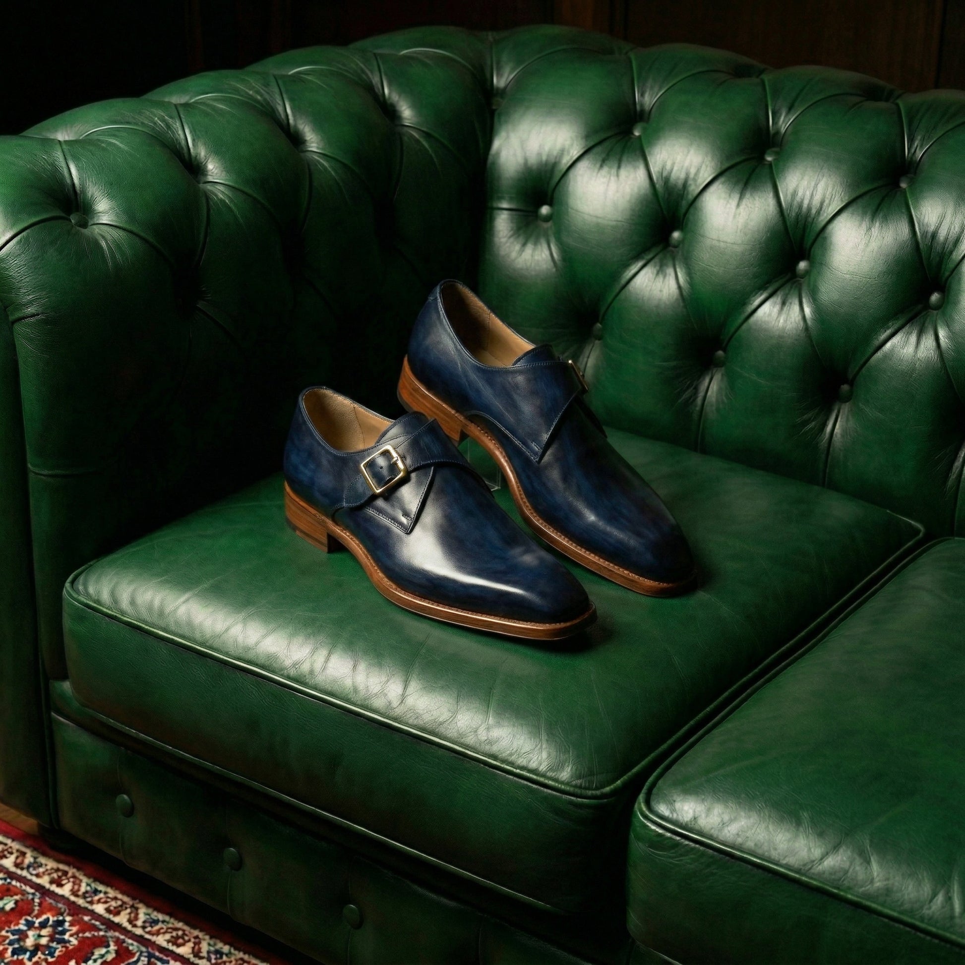 Navy Blue Leather Lucente Single Monk Strap Shoes