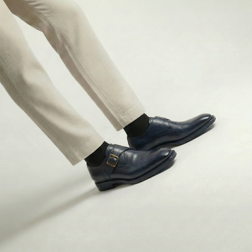 Navy Blue Leather Lucente Single Monk Strap Shoes