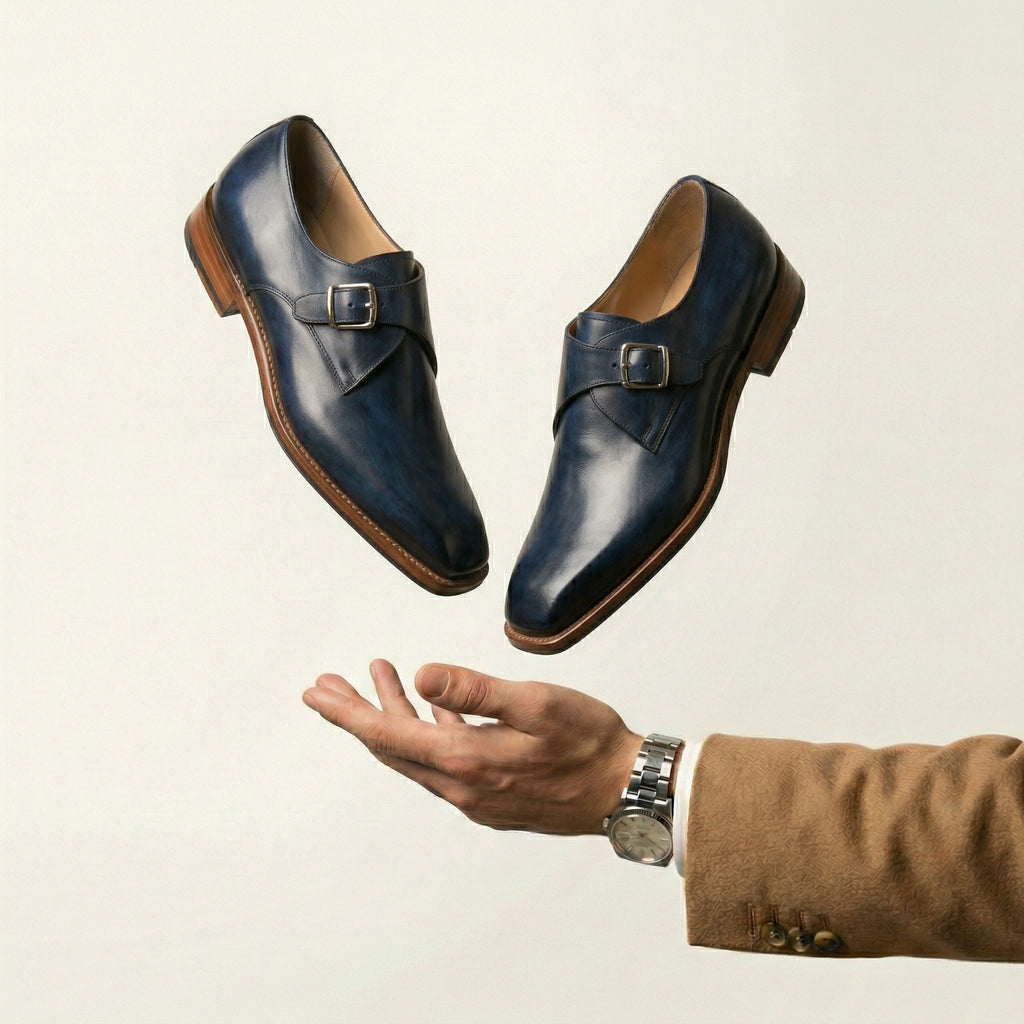 Navy Blue Leather Lucente Single Monk Strap Shoes