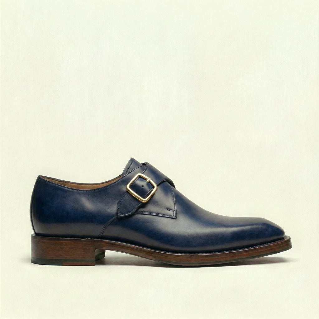 Navy Blue Leather Lucente Single Monk Strap Shoes