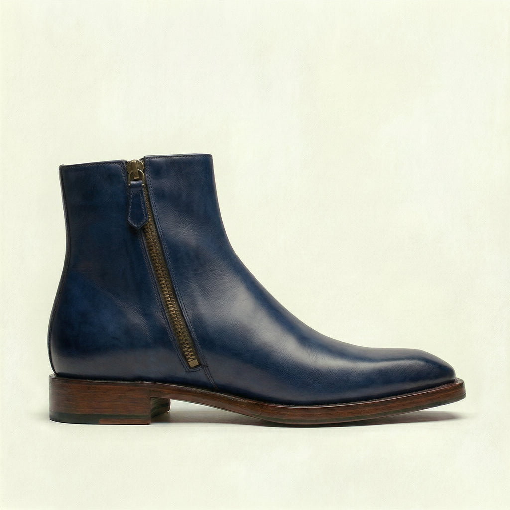 Navy Blue Leather Lucente Zipper Boots