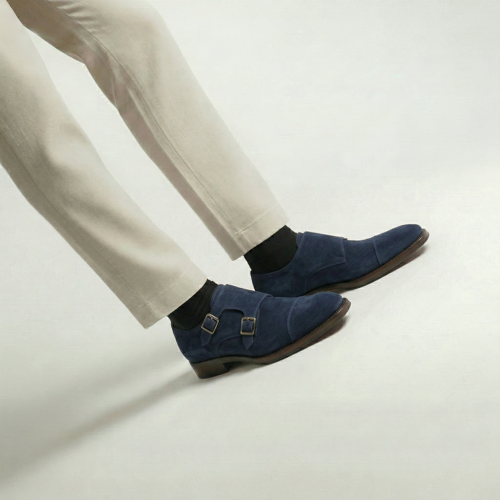 Navy Blue Suede Lucente Double Monk Strap Shoe
