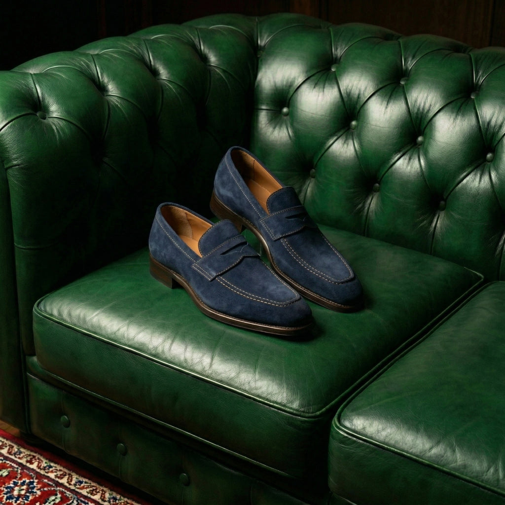 Navy Blue Suede Lucente Penny Loafer Shoes