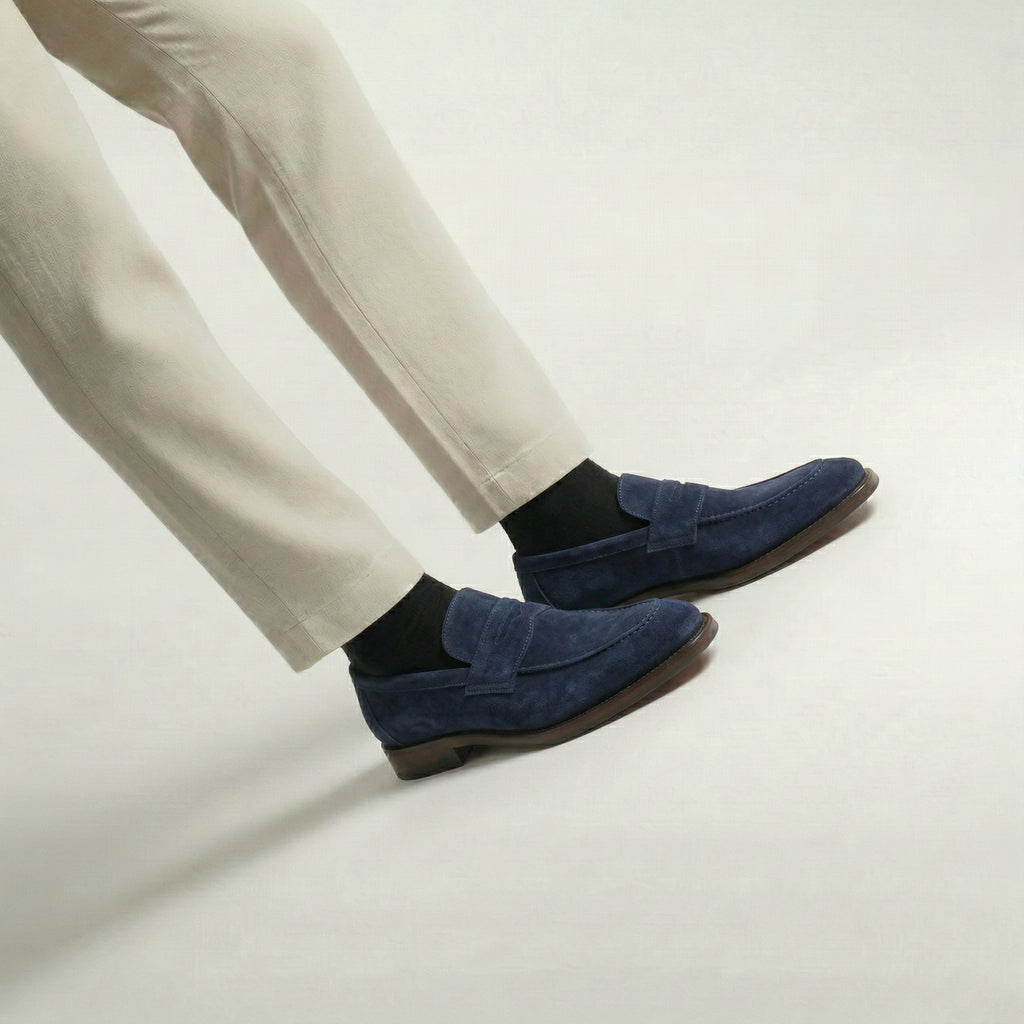 Navy Blue Suede Lucente Penny Loafer Shoes