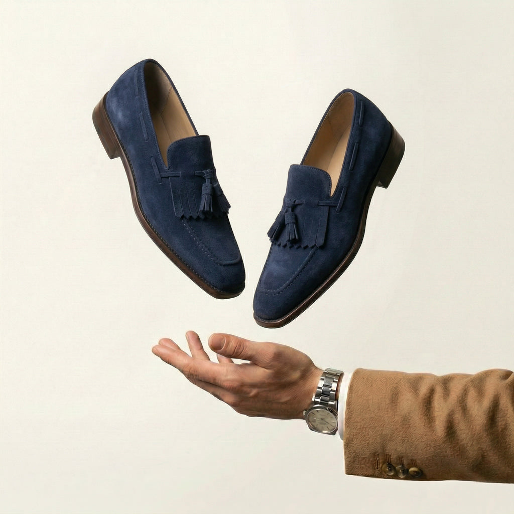 Navy Blue Suede Lucente Tassel Loafers