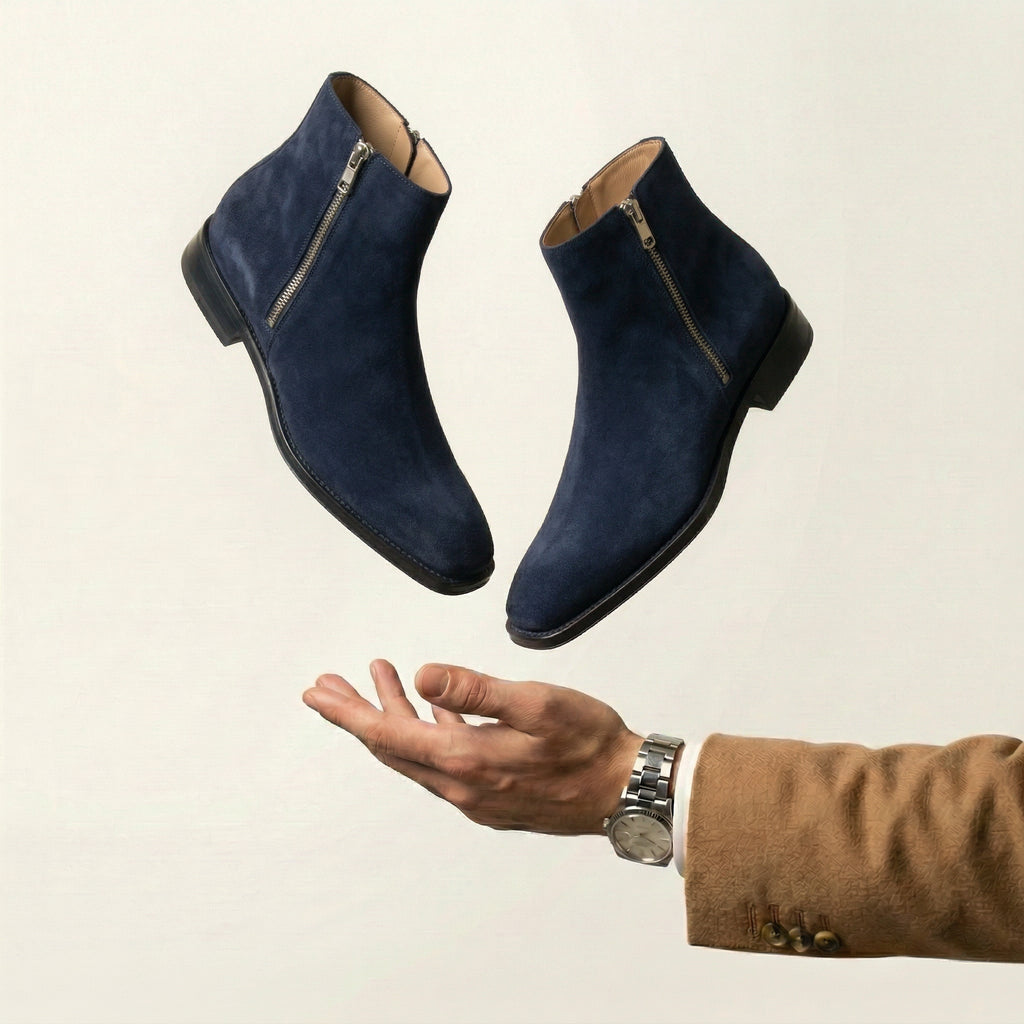 Navy Blue Suede Lucente Zipper Boots