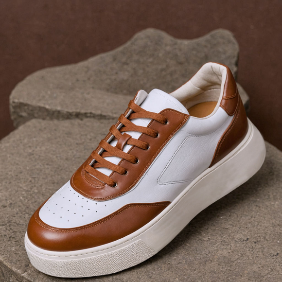 White & Brown Leather Savvy Lace-Up Sneakers with White Sole - Summer 2024 Collection