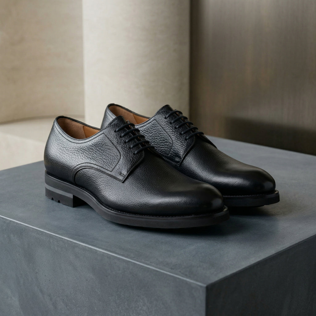 Flat Feet Shoes - Black Leather Congleton Chunky Derby Shoes with Arch Support