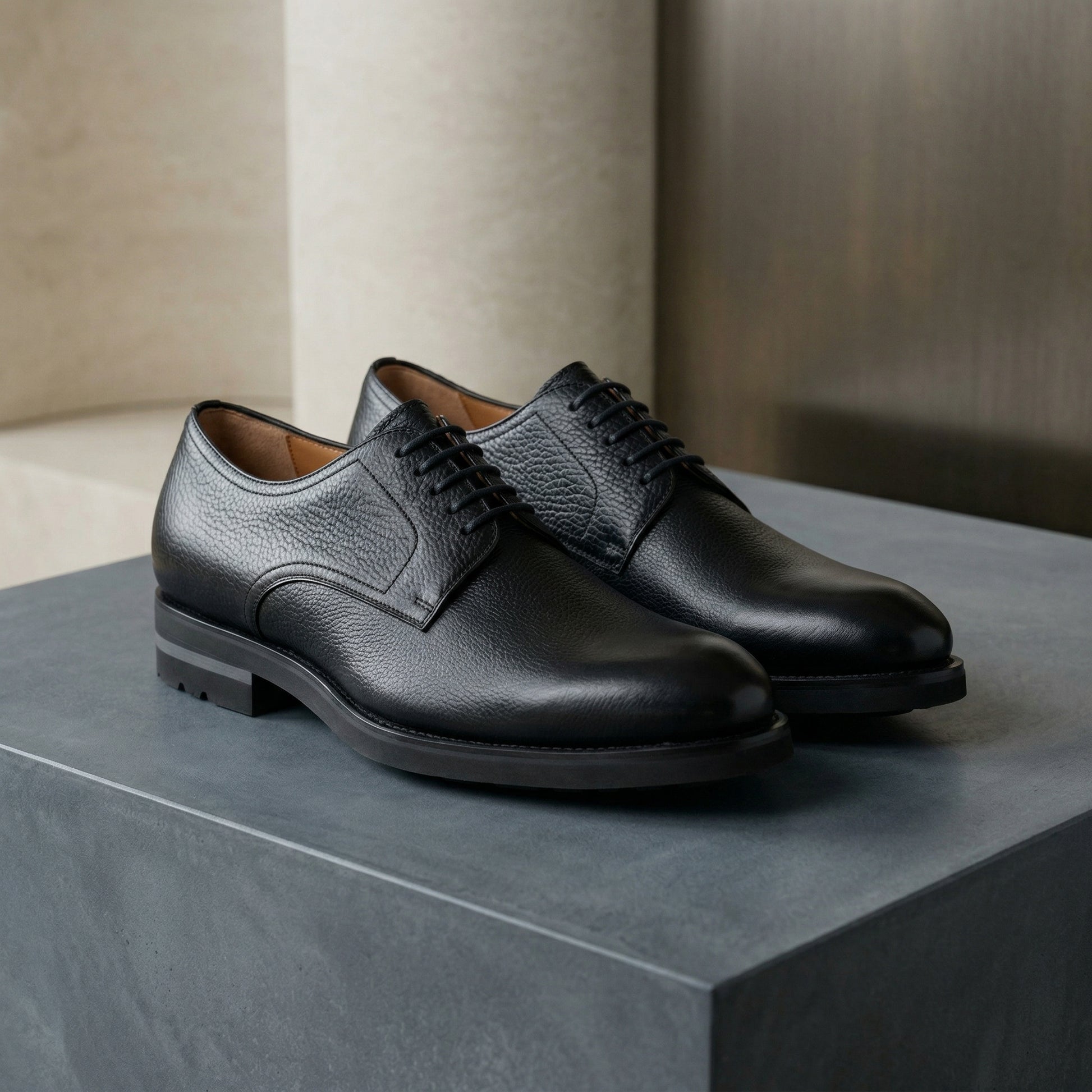 Flat Feet Shoes - Black Leather Congleton Chunky Derby Shoes with Arch Support