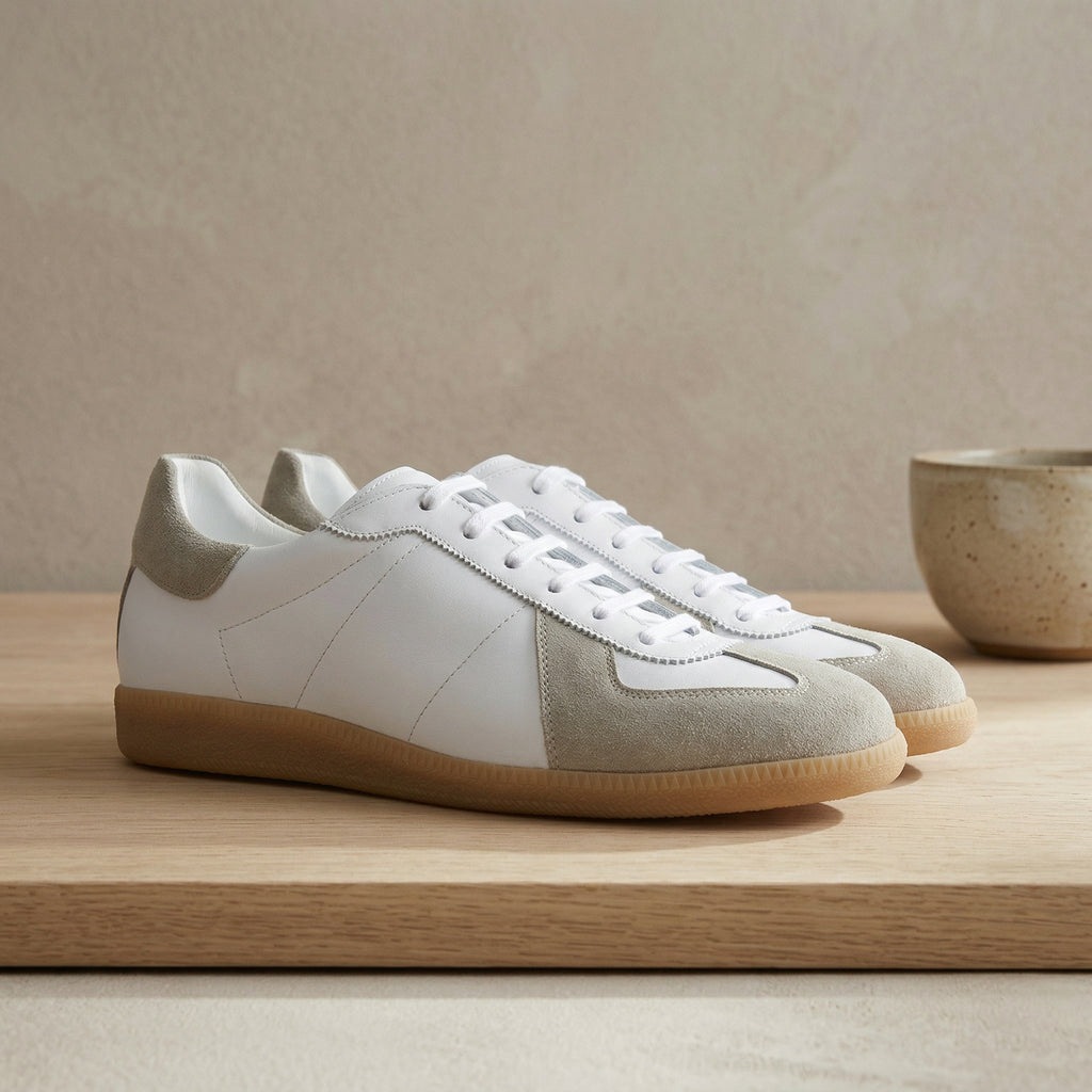 Height Increasing White Leather and Grey Suede Devin Lace Up Sneakers - Summer 2024 Collection