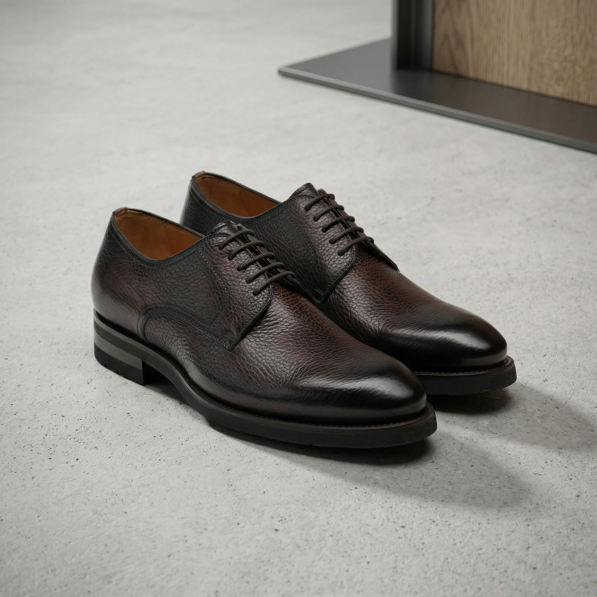 Height Increasing Brown Leather Scripton Chunky Derby Shoes