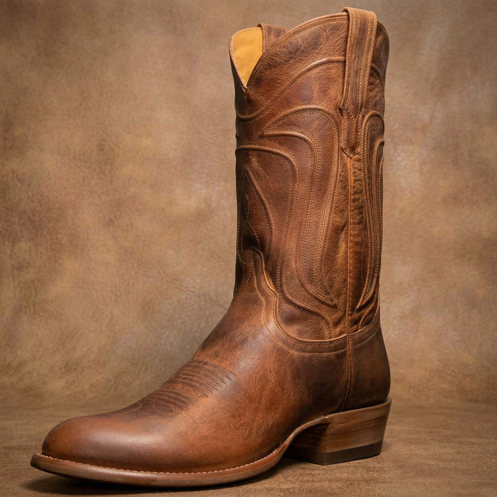 Height Increasing Tan Leather Renovaux Slip On Zipper Western Cowboy Boots - AW24