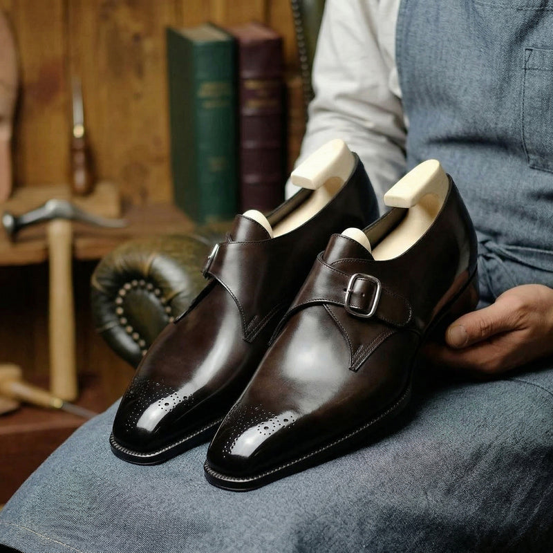 Luxury Edition - Artisian Made Height Increasing Brown Italian Leather Stellan Single Monk Straps - Formal Shoes - AW24
