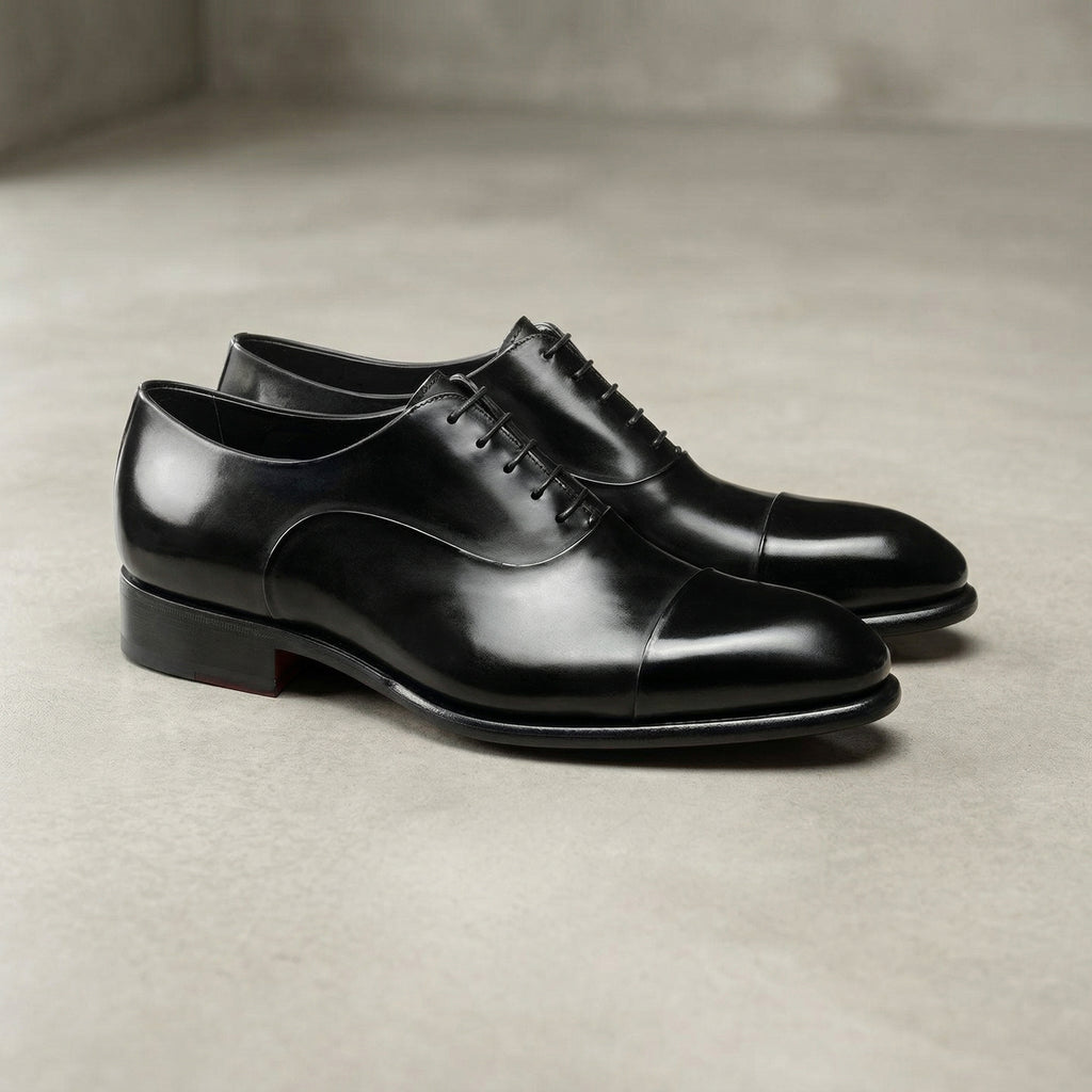 Height Increasing Black Leather Woodford Balmoral Toe Cap Oxfords - Formal Shoes
