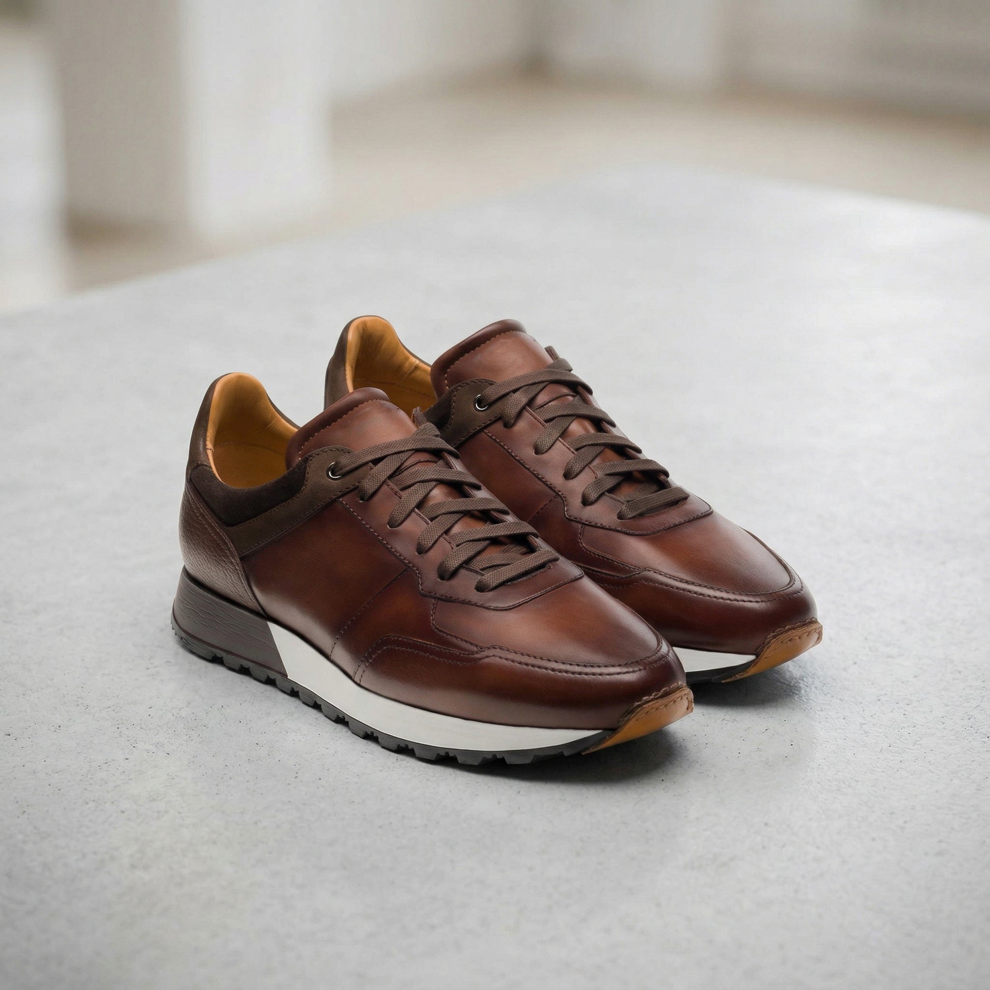 Dark Brown Leather Nausori Lace Up Running Sneaker Shoes
