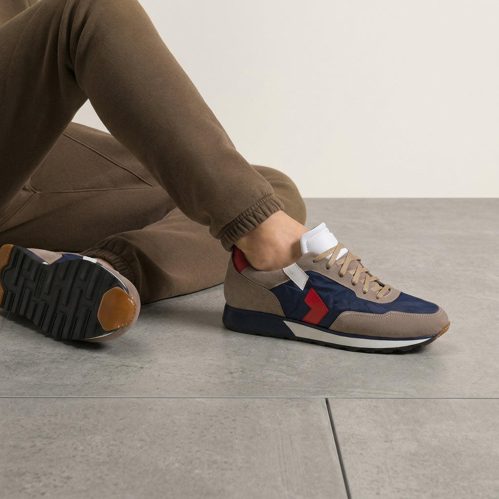 Height Increasing Tan Suede and Navy Blue Laivai Lace Up Running Sneaker Shoes