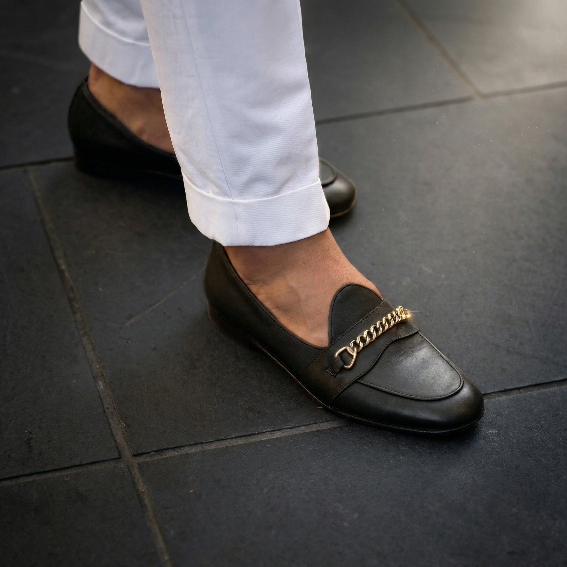 Brown Leather Guida Loafers With Chain