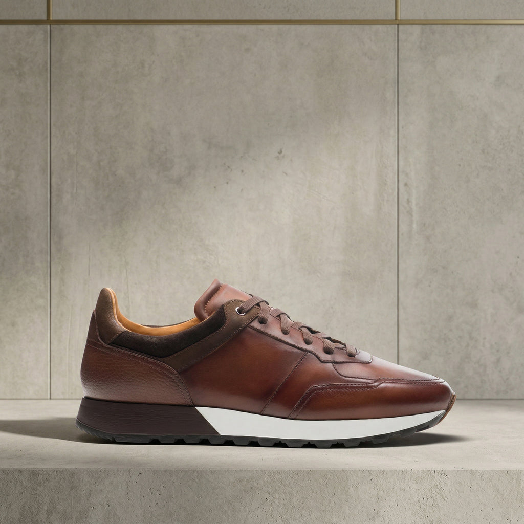 Dark Brown Leather Nausori Lace Up Running Sneaker Shoes