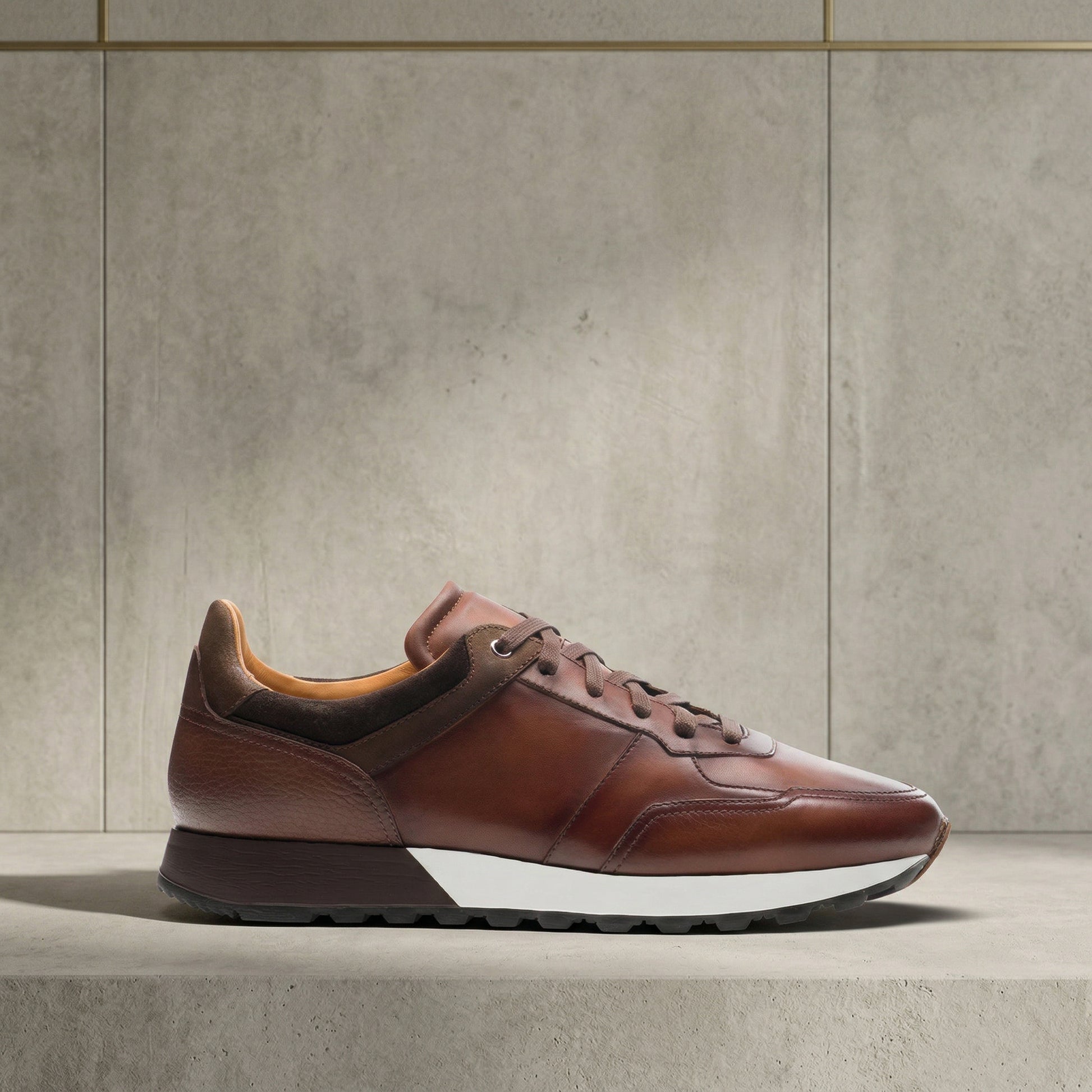 Dark Brown Leather Nausori Lace Up Running Sneaker Shoes
