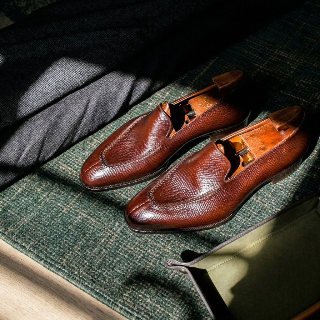 Brown Milled Grain Leather Palermo Slip On Loafers - AW24