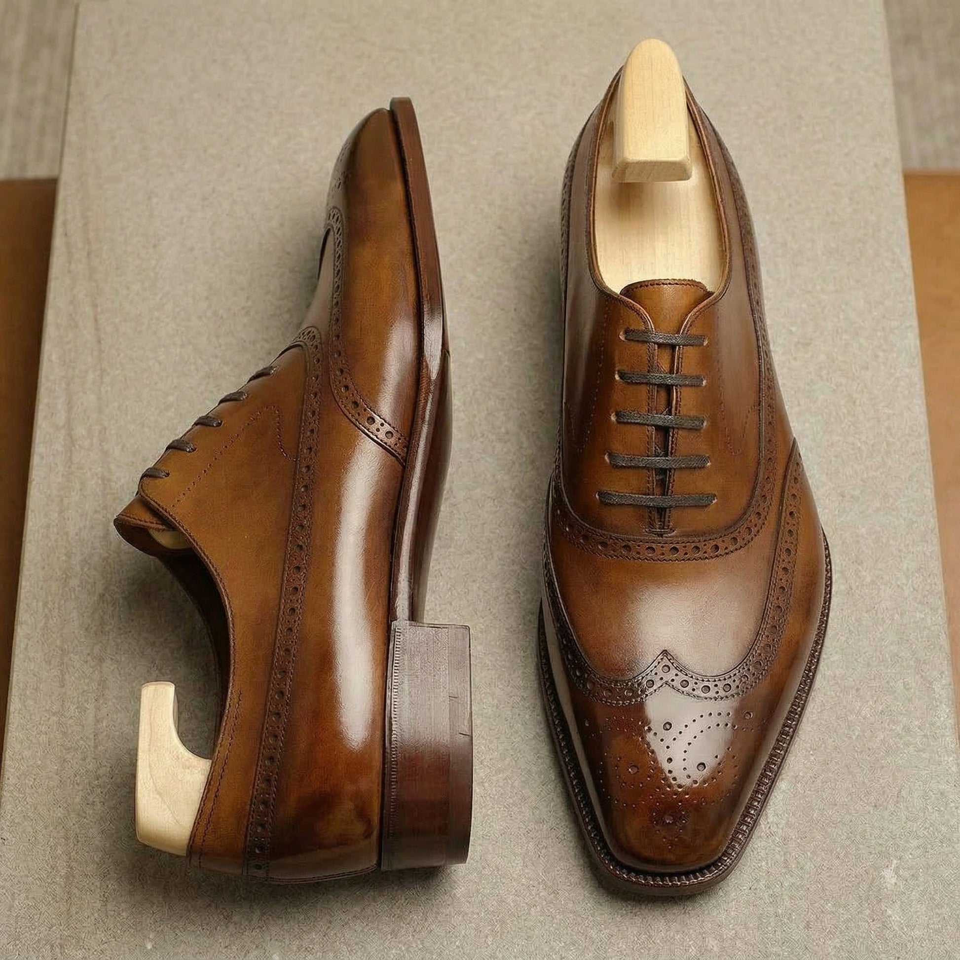Height Increasing Tan Leather Cedara Brogue Wingtip Oxfords - Formal Shoes