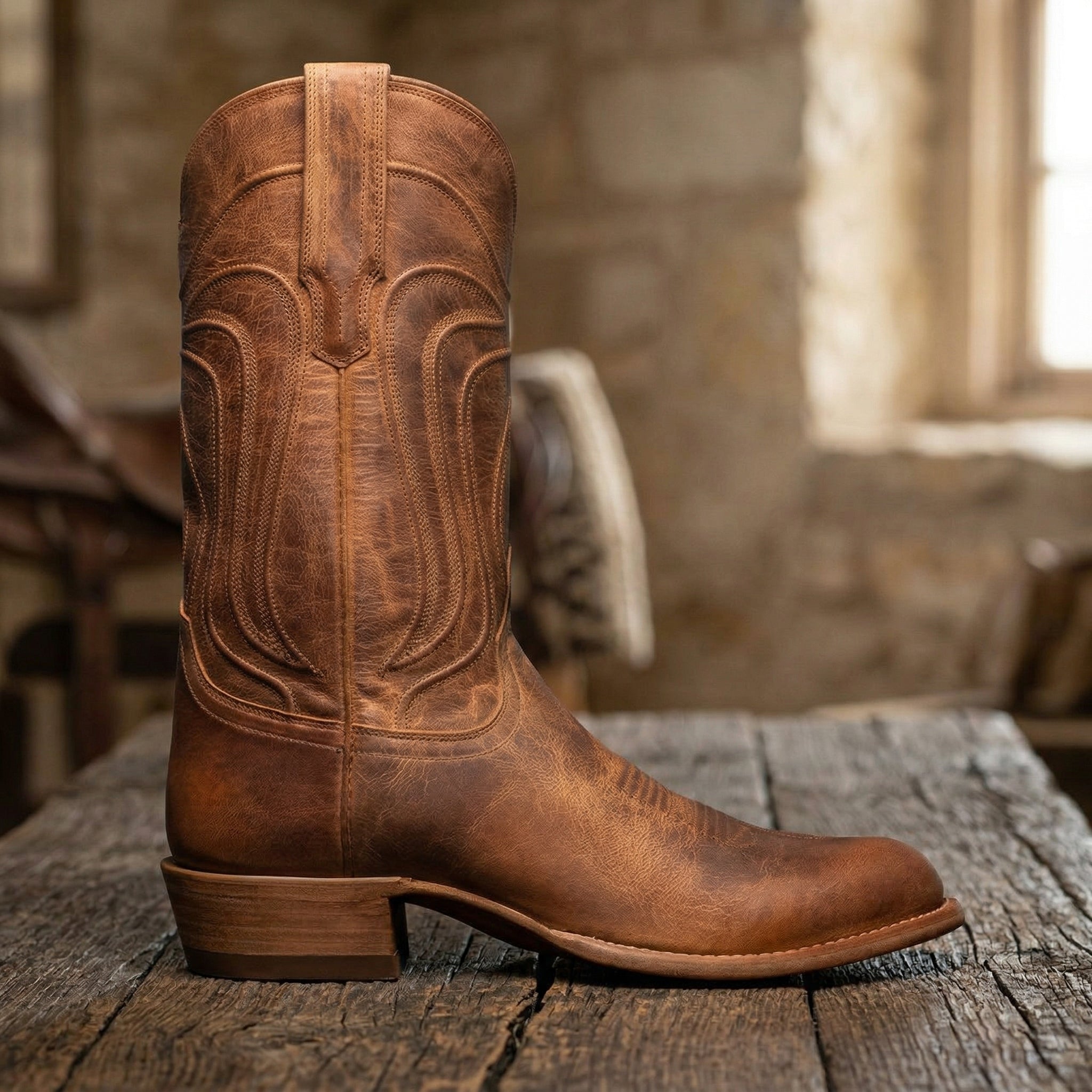 Tan Leather Renovaux Slip On Zipper Western Cowboy Boots - AW24