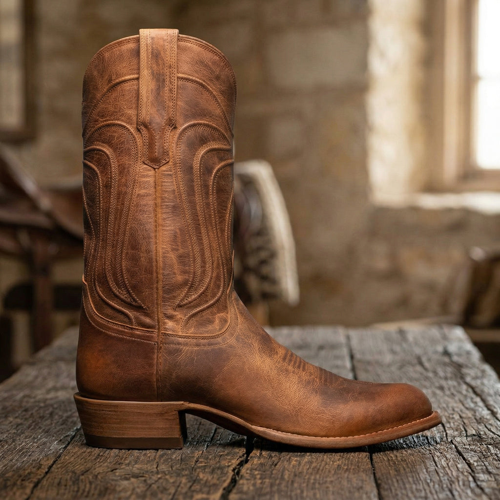 Tan Leather Renovaux Slip On Zipper Western Cowboy Boots - AW24