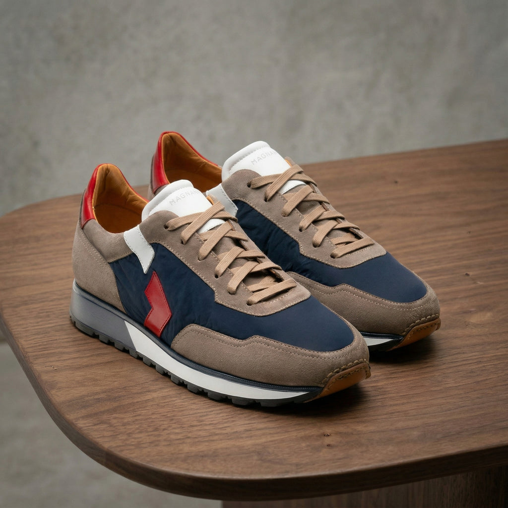Height Increasing Tan Suede and Navy Blue Laivai Lace Up Running Sneaker Shoes