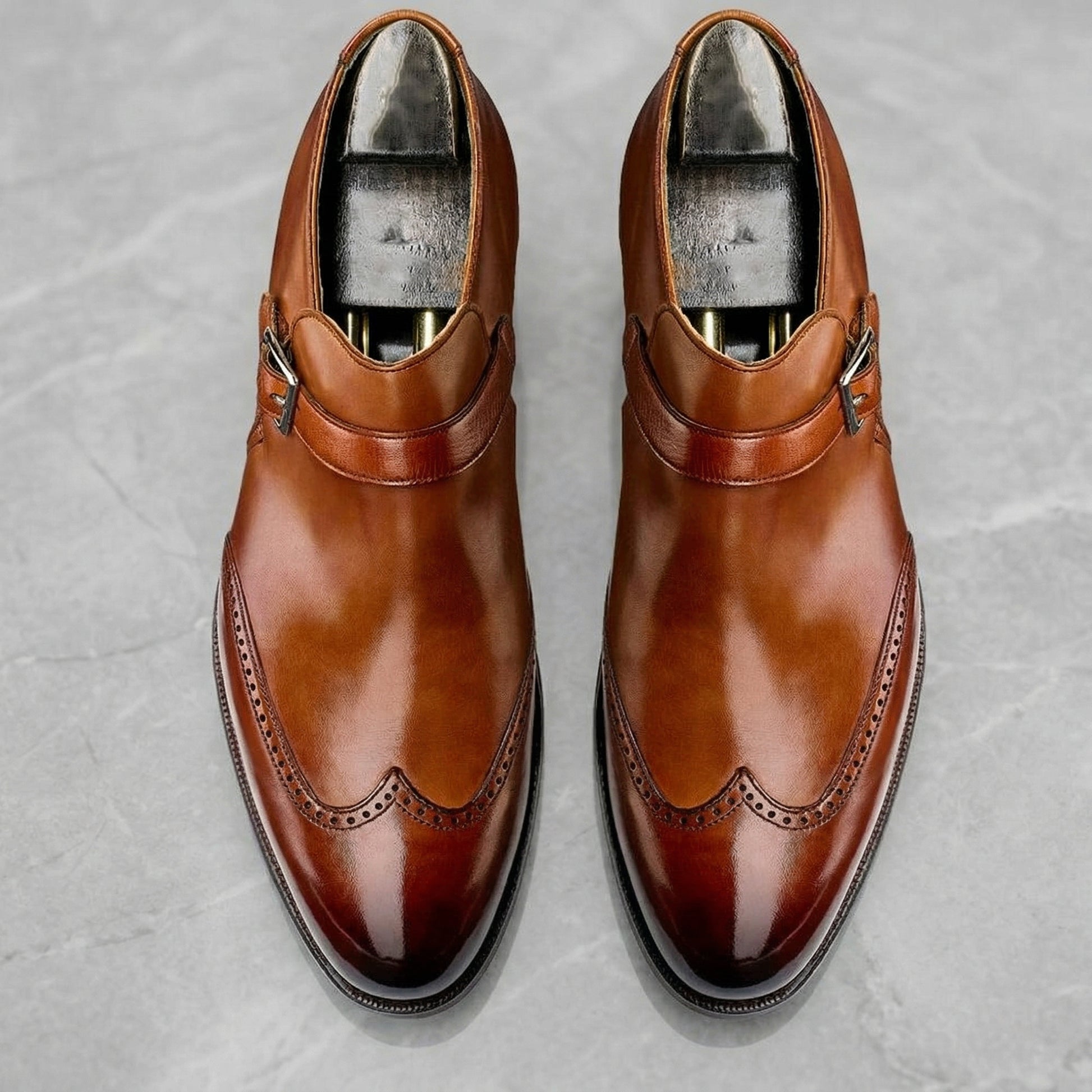Flat Feet Shoes - Tan Leather Alnwick Monk Strap Shoes with Arch Support