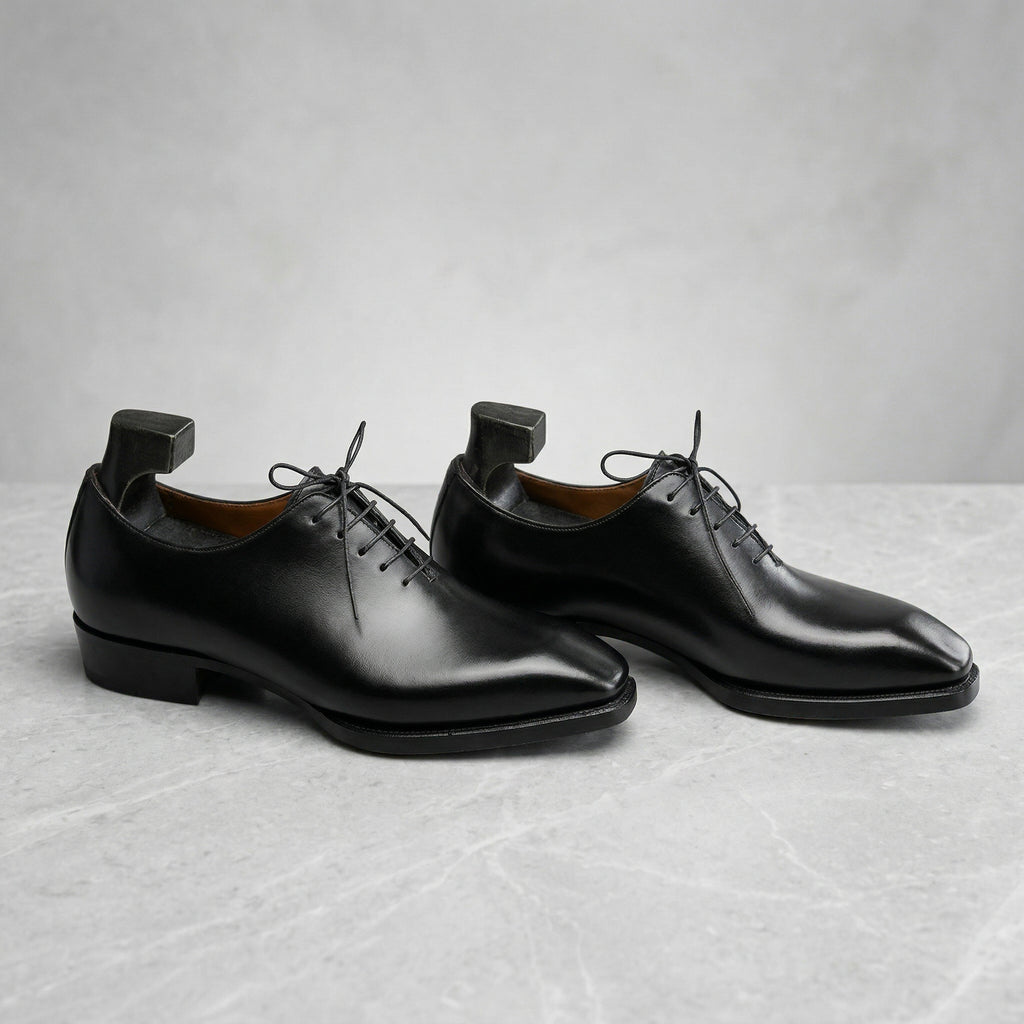 Height Increasing Black Leather Pamira Whole Cut Oxfords - Formal Shoes - AW24